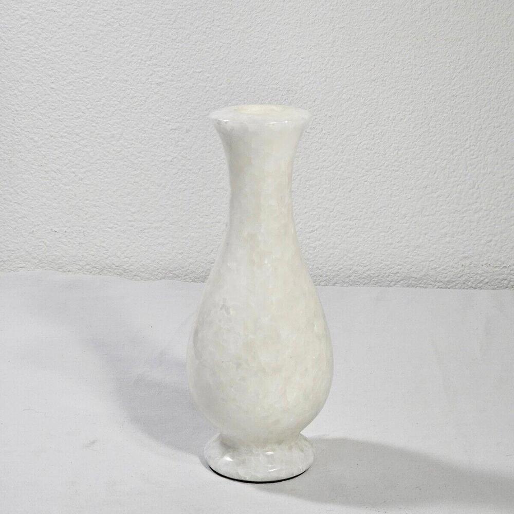 Vintage 1960s Hand Carved White & Cream Colored Alabaster Stone 8" Bud Vase - Picture 4 of 11